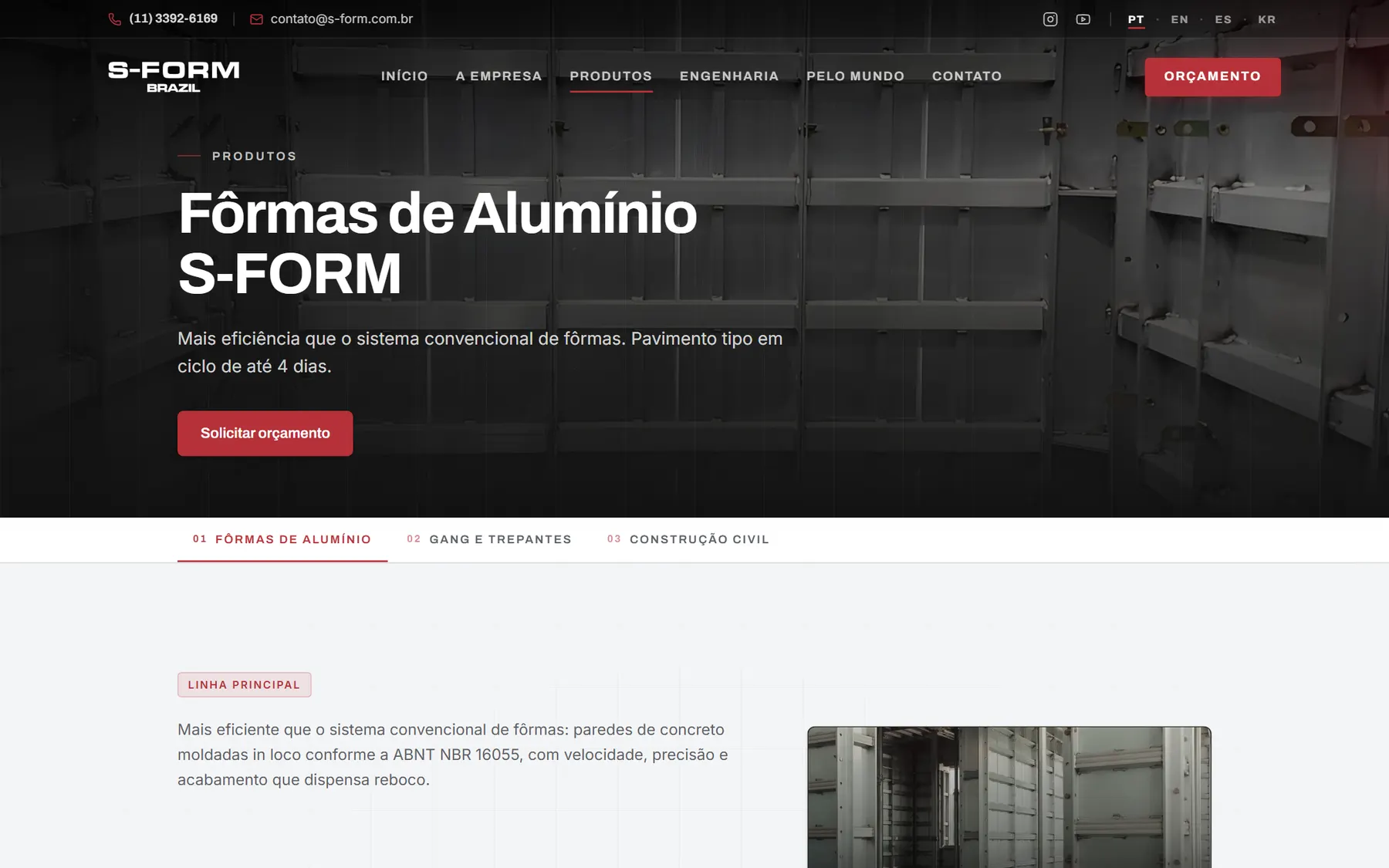 Página da linha de fôrmas de alumínio