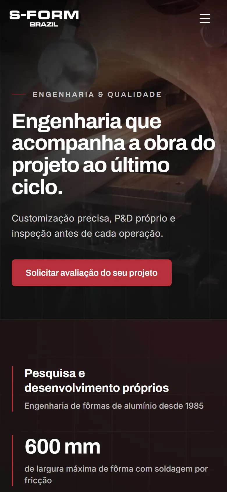Página de engenharia da S-FORM no celular