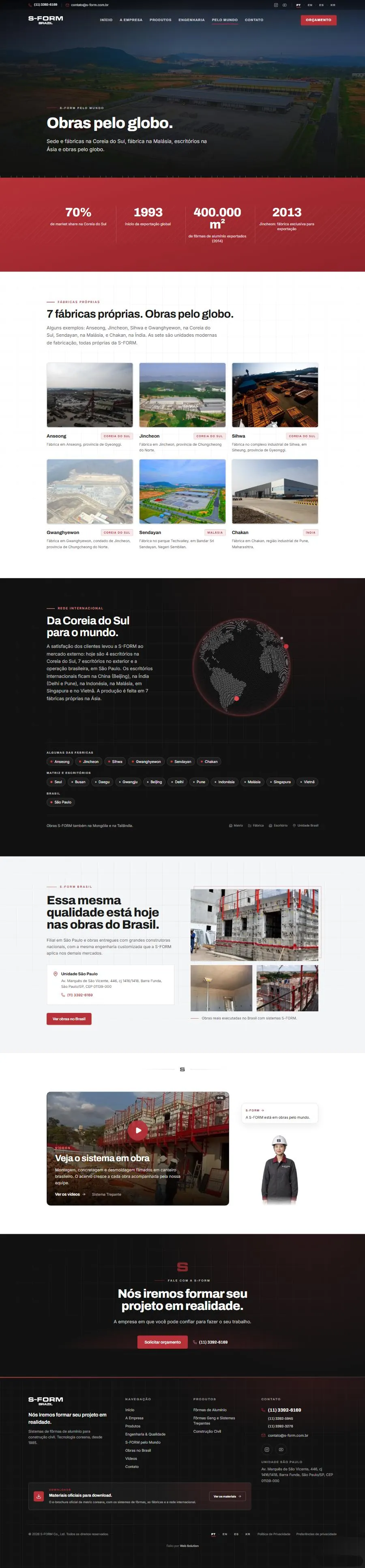 Página S-FORM pelo mundo com o globo 3D das fábricas e escritórios
